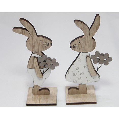 Wooden bunny XL 15x5x4cm, on stand with 2 flowers