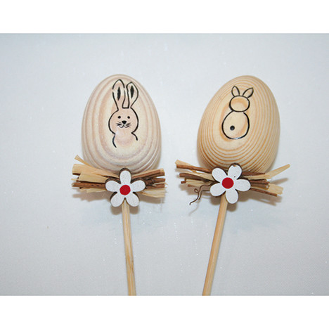 Wooden egg plug with rattan 6x4x25cm with rabbit