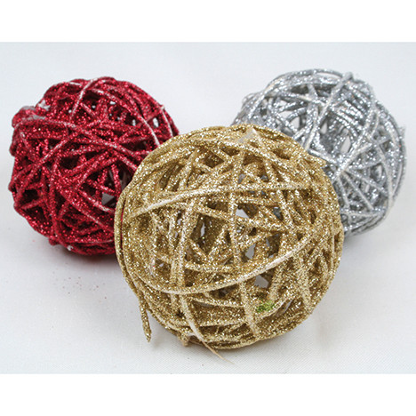 Rattan ball 7cm decorated w. glitter, 3 colours