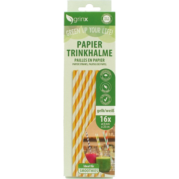 Drinking straws paper 16pcs 8mmx20cm yellow white