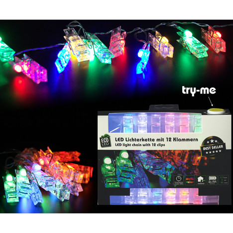 LED Lichterkette mit 12 Klammern, multicolor