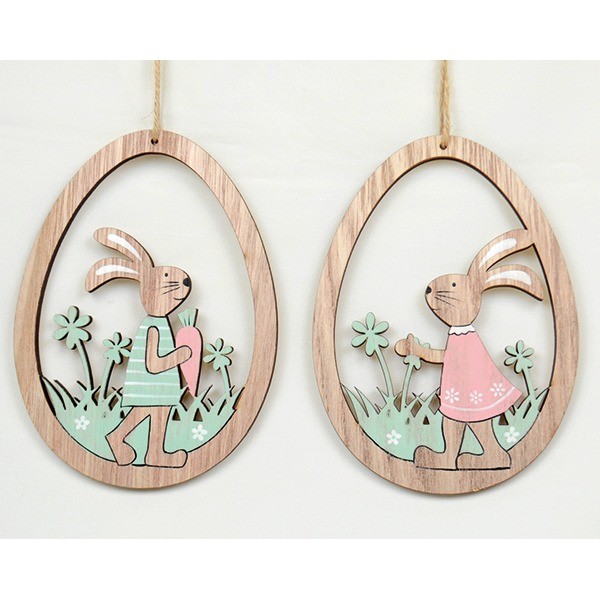 Tolles Holzfensterbild mit Süßen hasen und Blumen