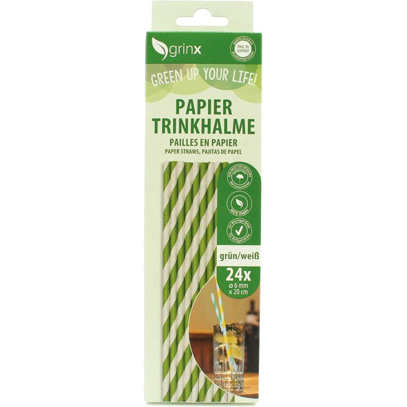 Drinking straws paper 24pcs 6mmx20cm green white