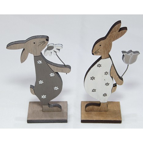 Wooden bunny XL 14,5x9x4cm with flower on stand