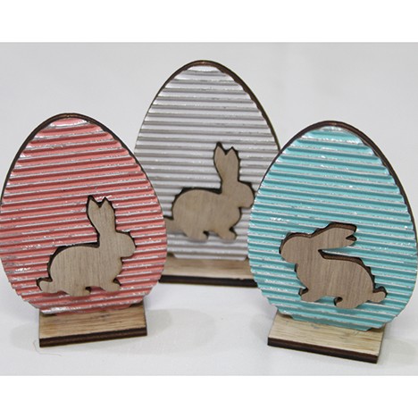 Wood egg with rabbit on stand 9x6x3cm