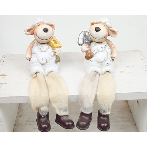 Sheep as edge seat with fabric legs 15x6x5cm