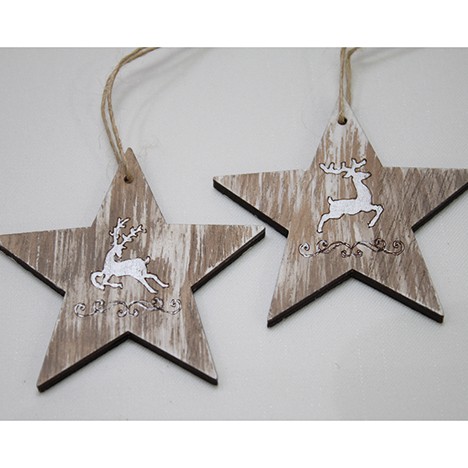 Wooden hanger star set of 2 with deer motive