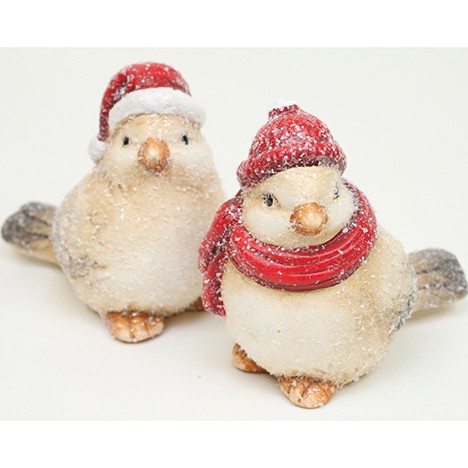 Ceramic bird with santa cap 9x9cm 2 assorted