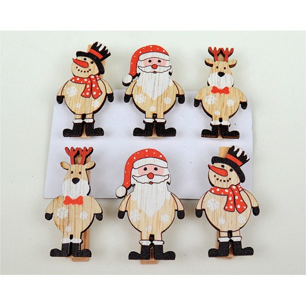 Dekoklammern 6er Set, je 4,4x2,3cm, mit Santa, Wichtel oder