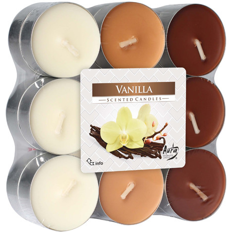 Tealights fragrance 18s vanilla in block pack.