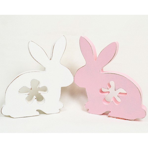 Hase aus Holz mit gelaserter Blume 11x10cm, 2fach sortiert,