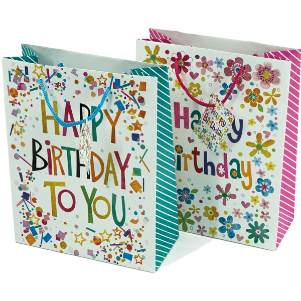 Geschenktasche Happy Birthday 23x18cm 2fach sort.