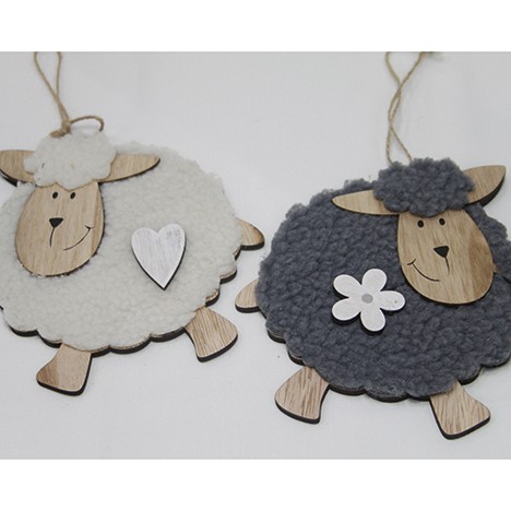 Wooden hanger sheep with fur 9x8cm