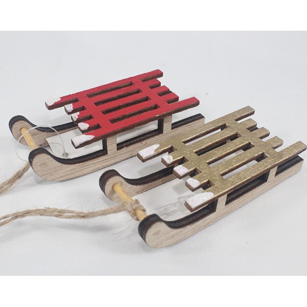 Wooden sledge 9x3,6cm, w. snow, 2-fold assorted