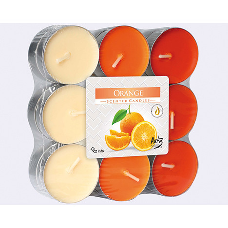 Tealights fragrance orange 18 pack, 3 col. ass.