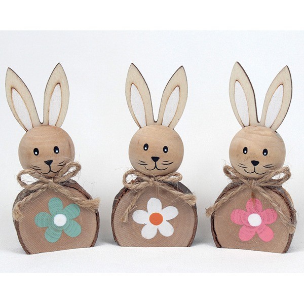 Wooden bunny w. flower 8x3,5x2,5cm, w. treedisc