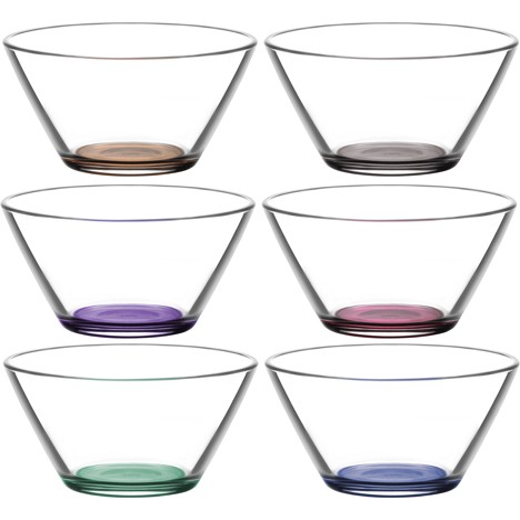 Glass bowl set of 6! 345ml coloured bottom in box