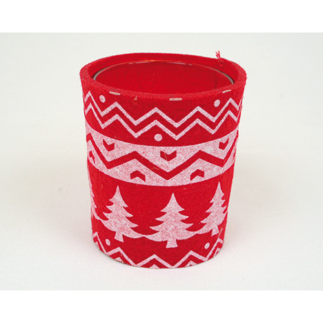 Windlight glass red/white with felt deco. 7x6cm