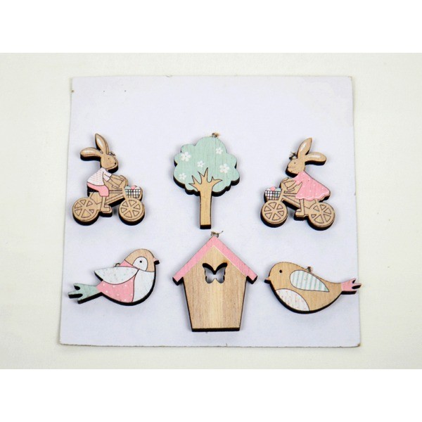 Wooden decoration 5 pieces, each 4x4cm, bunny and