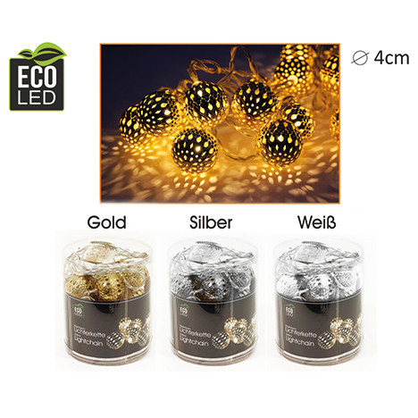 LED Lichterkette Metallkugeln 8er, 3-fach sort.