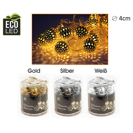 LED light chain metal balls 8er, 3-fold assorted