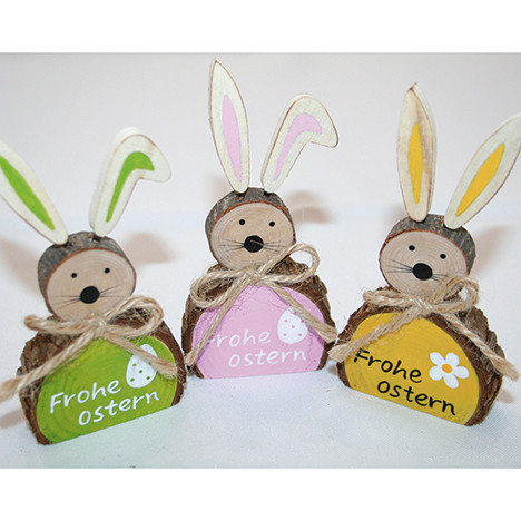 Holzhase Frohe Ostern' 10x5cm aus Baumscheiben'