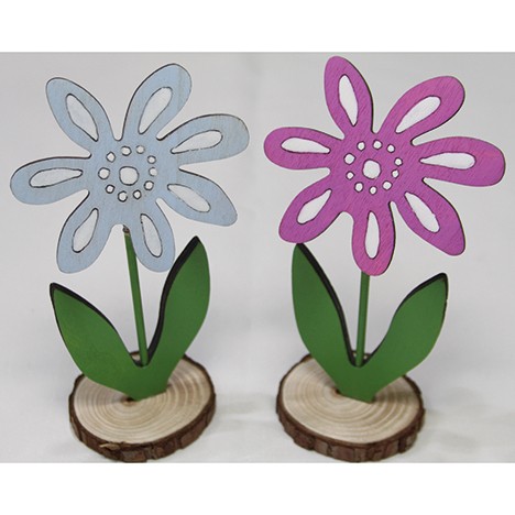 Woodenflower on tree disc 14x7x5cm, 2 assorted