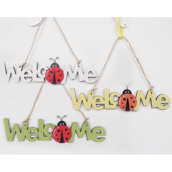 Wooden sign 'Welcome' 18x5cm with ladybird