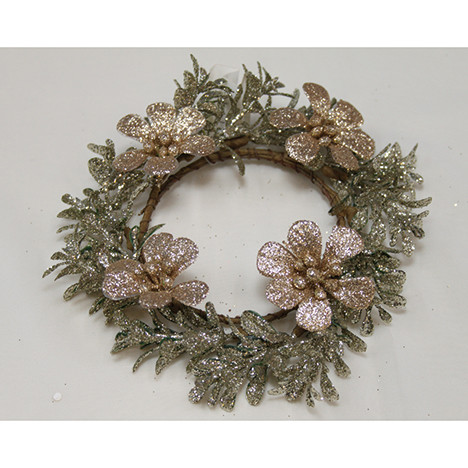 Deco.wreath goldglitter 15x4cm,4 glitter flowers