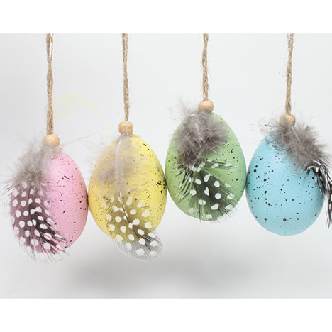 Ceramic egg with real feather speckled, 6x4cm