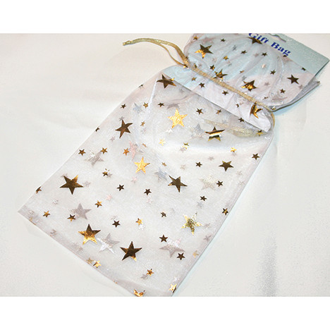 Organza bag XL white with gold stars 31x16,5cm