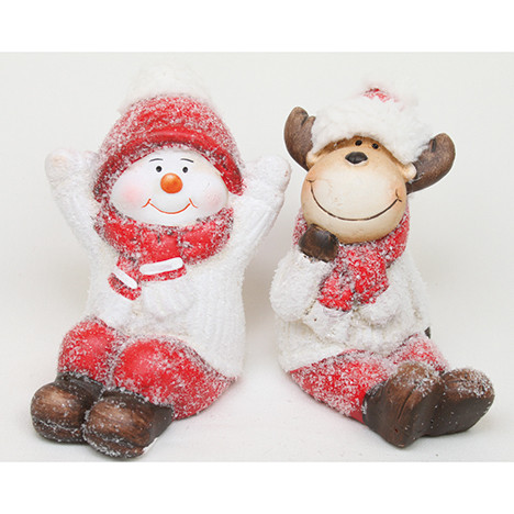 Snowman and moose with fur cap 10x9cm