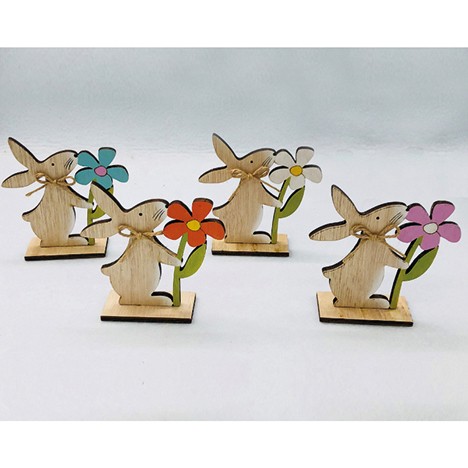 Wooden bunny 12x12x3,5cm w. coloured flower