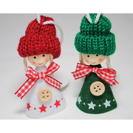 Felt girl with wooden head and wool cap, 9x4cm