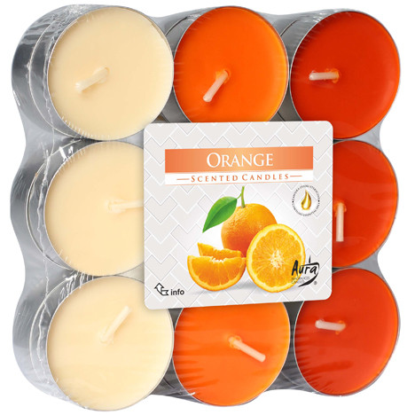 Tealights fragrance 18s orange in block pack.