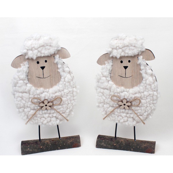 Woodensheep 15x8x3cm with white fur, 2 assorted