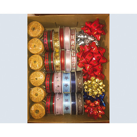 Display with 12 cords, 8 bows and 20 ribbons