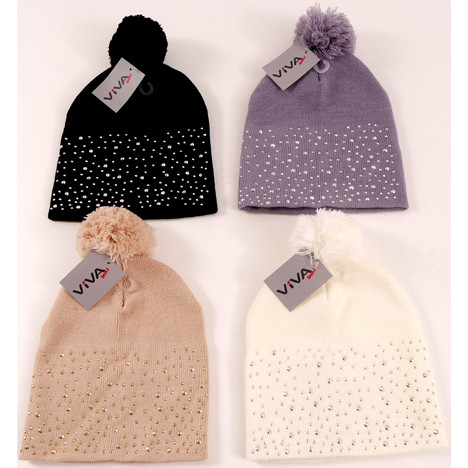 Winter Strickmütze mit Strasssteinchen & Bommel