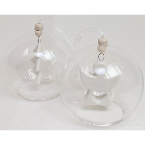 Glass ball with white porcelain pendant 8x8cm
