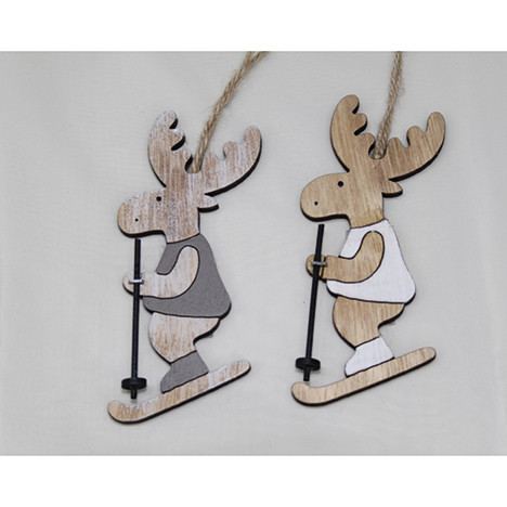 Woodenhanger elk w. ski 13x6,5cm 2-fold assort.