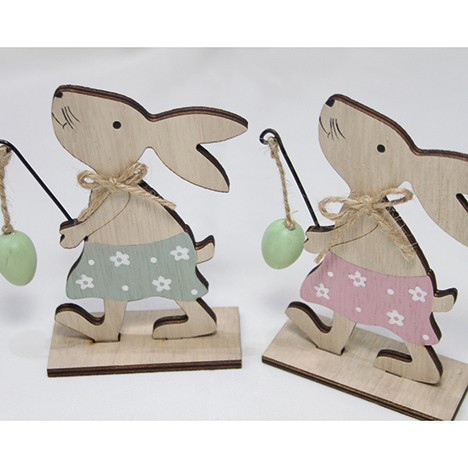 Wooden bunny w. bow and egg on stick 11x8,5x3cm