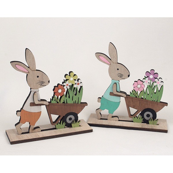 Woodenbunny with wagon and flowers 12x11x3,5cm
