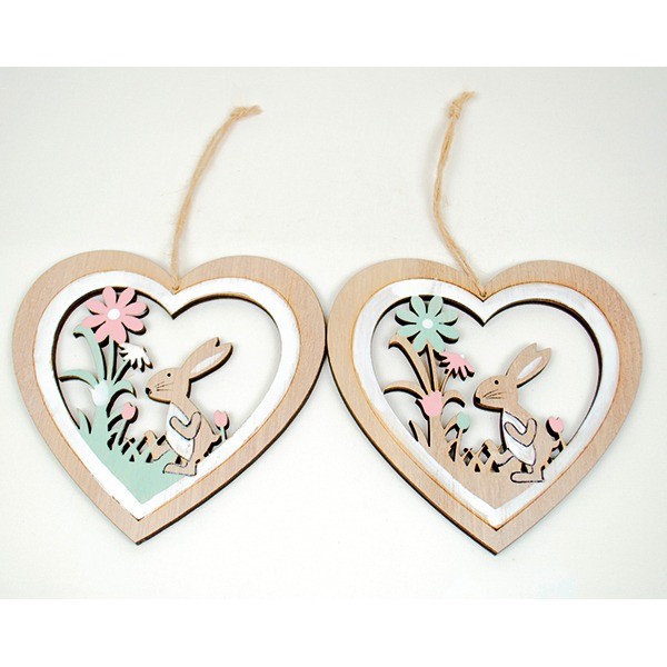 Holzherz mit Hase und Blume 13x12,5cm, 2fach